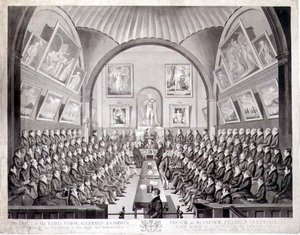 Lord Mayor, Aldermen ja Common Council in the Council Chamber Guildhall, Lontoo, kaiverrus Thomas Sutherland (s. 1785), julkaistu 1825 (litho) tekijältä Richard (after) Dighton