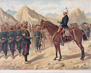 Punjab Frontier Force No.1 Kohat Mountain Battery, anglo-intialainen armeija 1880-luvulla (väri litho)