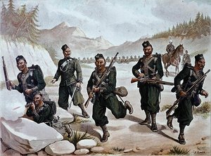 3. Gurkha-joukkojen taistelu, 1880-luvun englantilais-intialainen armeija (värilitografia).