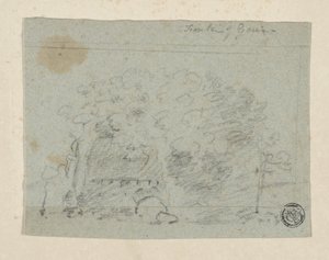 Luonnos puista lähellä siltaa (hiili ja grafiitti siniselle paperille, kaadettu kermanväriselle paperille) tekijältä Richard (attr.to) Wilson