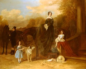 Perhe metsästäjiensä ja koiriensa kanssa kartanon ulkopuolella, 1841 tekijältä Richard Ansdell