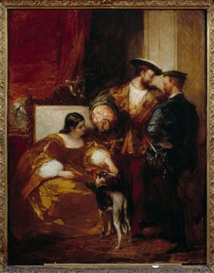 Francois I ja Etampesin herttuatar. Anne de Pisseleu, Etampesin herttuatar, Francois I:n suosikki (1508-1580). Richard Boningtonin (1801-1828) maalaus Ec. Ang