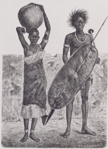 Shillook-sotilas ja -tyttö, Jahrmargtin kaiverrus, Prof. Friedrich Ratzelin teoksesta The History of Mankind, Vol.III, 1898