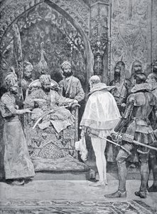 Akbar Suuri vastaanottaa kuningatar Elisabetin suurlähettilään vuonna 1599 (litho)