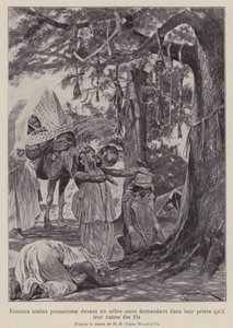 Arabinaiset kumartumassa pyhän puun eteen rukoillen, että heille annettaisiin lapsia (litho)