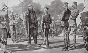 Komentaja Cronje antautuu lordi Robertsille (litografia) tekijältä Richard Caton II (after) Woodville