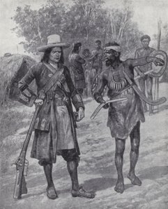 William Dampier alkuperäiskansan kanssa tutkiessaan Australiaa 1600-luvun lopulla (litho)