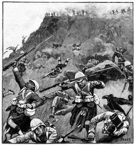 92. Gordon Highlanders vetäytymässä, Majuba Hillin taistelu, 1. buurisota, 26.-27.2.1881