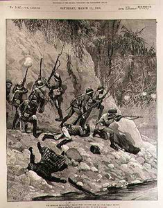 Burmah Expedition: Fight with Dacoits, 12. tammikuuta, lähellä Shoay Greeniä, The Illustrated London News, 13. maaliskuuta 1886 tekijältä Richard Caton II Woodville