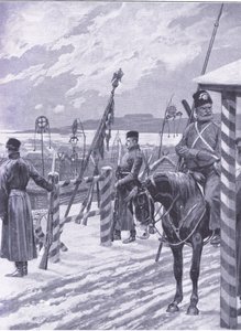 Mantsurian kasakka-asema, jossa heimokyltit miesten majojen päällä, kuva Cassellsin Venäjän ja Japanin sodan historiasta, osa 1, n. 1900 tekijältä Richard Caton Woodville