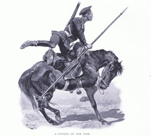 Linjan kasakka, kuvitus julkaisusta Cassells History of the Russian-Japanese War, Vol 1, n. 1900