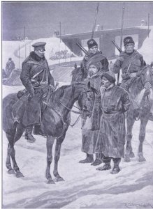 Huippuina löydettyjen japanilaisten vakoojien pidätys, kuvitus Cassellsin Venäjän ja Japanin sodan historiasta, osa 1, n. 1900 tekijältä Richard Caton Woodville
