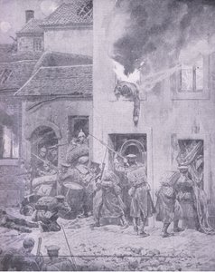 At grips with the foe: House to house fighting at Ypres, teoksesta History of the Great War Vol 3, julkaisija Waverley Book Co Limited, n. 1920. tekijältä Richard Caton Woodville