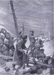 Chunchusten hyökkäys rautatietä vastaan, kuvitus teoksesta Cassells History of the Russo-Japanese War Vol 1, n. 1900. tekijältä Richard Caton Woodville