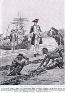 Kapteeni Cook laskeutui Tasmaniaan, 1777, kuva "Hutchinsonin tarinasta brittiläisestä kansasta", n. 1923