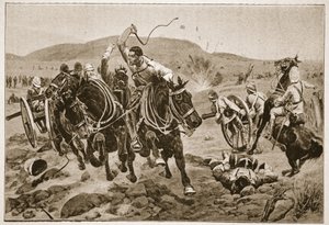 Field Artillery ryhtyy toimiin, kuvitus teoksesta "Battles of the Nineteenth Century, Vol. VI: Buurien sota 1899-1900, Archibald Forbes, G.A. Henty ja majuri Arthur Griffiths tekijältä Richard Caton Woodville