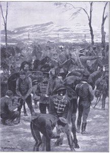 Japanilaisen ratsuväen leirintäalue Soulissa: Farriers työssä, kuva Cassellsista Venäjän ja Japanin sodan historia, osa 1, n. 1900 tekijältä Richard Caton Woodville
