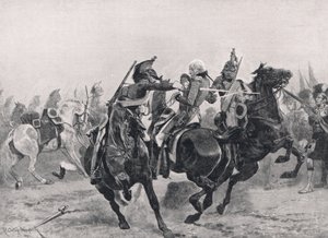Ranskan lohikoonien hyökkäys Sir Ralph Abercrombieta vastaan, kuvitus julkaisusta "British Battles on Land and Sea", julkaisija Cassell, Lontoo, n. 1910