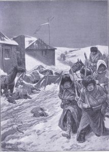 Loputon marssi itään: Tuttu näky matkalla, kuvitus Cassellsin Venäjän ja Japanin sodan historiasta Vol 1, n. 1900 tekijältä Richard Caton Woodville