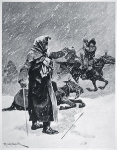 Turkkilais-baškiiri-kasakkajousimiehet ahdistelivat ja vainosivat Napoleonin armeijan vetäytymistä Venäjältä vuonna 1812 (väri litho)