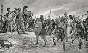 Hänen poikansa Tituksen pelastama Vespasianus, kuva Hutchinsonin kansakuntien historiasta, n. 1910 tekijältä Richard Caton Woodville