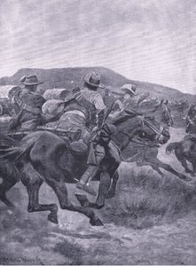 Yeomanry hyökkää De Wetsin jälkijoukkojen ja kuljetusten kimppuun, teoksesta After Pretoria: The Guerilla War, jonka on julkaissut Harmsworth Bros Limited, 1901. tekijältä Richard Caton Woodville
