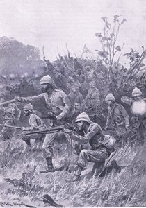 Brittijoukkojen eteneminen Ashantin kampanjassa 1873, kuva brittiläisistä taisteluista maalla ja merellä, 1915 tekijältä Richard Caton Woodville junior
