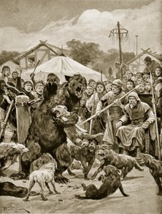 Bear Baiting in Saxon Times, kuvitus "Hutchinsonin tarinasta brittiläisestä kansasta", n. 1920