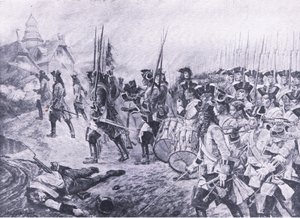 Blenheim, 13. elokuuta 1704: Kylän myrsky, kuva brittiläisistä taisteluista maalla ja merellä, 1915 tekijältä Richard Caton Woodville junior