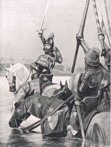Edward III ylittää Sommen ennen Crecyn taistelua, kuvitus teoksesta "British Battles on Land and Sea", Cassell, Lontoo, n. 1910. tekijältä Richard Caton Woodville junior