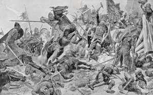 Haroldin (n. 1022-66) Last Stand, piirros "British Battles on Land and Sea" -julkaisusta, toimittanut Sir Evelyn Wood (1838-1919), julkaistu ensimmäisen kerran 1915 tekijältä Richard Caton Woodville junior