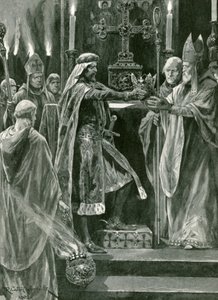 Richard I luovuttamassa kruunun arkkipiispalle ennen kruunausta tekijältä Richard Caton Woodville junior