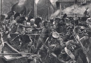 42. Highlanders ajamassa ranskalaisia ulos Elvinasta, kuvitus teoksesta "British Battles on Land and Sea", julkaisija Cassell, Lontoo, n. 1910