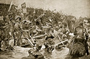 Towtonin taistelu, kuva "Hutchinsonin tarinasta brittiläisestä kansasta", n. 1923 tekijältä Richard Caton Woodville junior