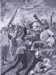 Rorkes Driftin puolustus, kuvitus teoksesta British Battles on Land and Sea , 1915. tekijältä Richard Caton Woodville junior