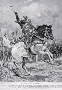 Ensimmäinen hyökkäys Hastingsissa: Miekkajonglööri Taillefer ratsasti riveistä laulaen ja heittäen miekkansa ilmaan, 1066, kuvitus teoksesta "Hutchinson