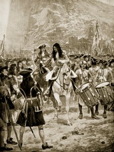 Gibraltarin antautuminen englantilaisille, 24. heinäkuuta 1704, kuvitus teoksesta "Hutchinson
