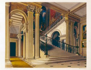 Stair Case, Buckingham House, teoksesta "The History of the Royal Residences", kaiverrus William James Bennett (1787-1844), William Henry Pyne (1769-1843), 1819 tekijältä Richard Cattermole