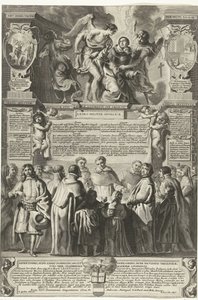 Instelling van de broederschap Militia Angelica of Thomas Aquinas, 1649 Enkelijoukkojen alkuperä, jumalallinen Tuomas Akvinolainen; hänen taivaallisen siveysvyönsä alla, perustettu (nimike esineessä) tekijältä Richard Collin