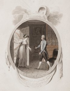 Neiti Darnford tuo herra B:lle uutisen pojan Lettin syntymästä. 18, kuvitus vuoden 1802 painokselle "Pamela; tai, Hyve palkitaan