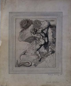 Mies loukussa leijonan ja käärmeen väliin, n. 1790 (kynä ja ruskea muste, harmaa pesu paperilla) tekijältä Richard Cosway