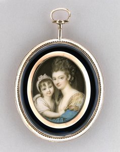 Äidin ja tyttären muotokuva, n. 1765-1770 (akvarelli norsunluun, 9k ruusukultaa, hiukset & lasi) tekijältä Richard Cosway