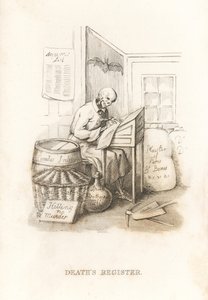 Kuoleman luuranko ja hänen pääkirjansa. ,1827 (kaiverrus)