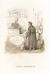 Kuoleman luuranko vakuutustoimistossa. ,1827 (kaiverrus)
