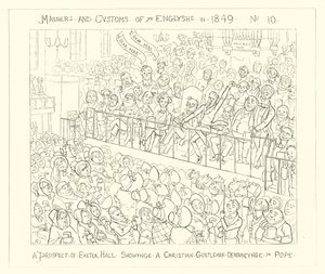 1849, Exeter Hallin näkymä, jossa kristitty herrasmies tuomitsi paavin tekijältä Richard Doyle