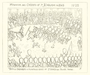 1849, British Grenadiers nostaa vartijaa St Jamesin palatsipihalle tekijältä Richard Doyle