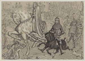 Edward Musta prinssi vankina Ranskan kuningas Johnin kanssa saapumassa Lontooseen (akvatinta) tekijältä Richard Doyle