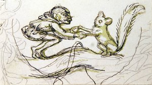 Peikko ja orava (kynä, lyijykynä ja wash paperille) tekijältä Richard Doyle