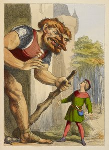Jack katsoo jättiläistä, jolla on kaksi päätä. Jättiläinen on walesilainen. Värillinen kuvitus lastenkirjassa. tekijältä Richard Doyle