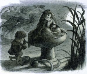 Sienellä istuvaa vesikeijua seurustelee rakastaja. Richard Doylen teoksessa "World of Fairies". tekijältä Richard Doyle